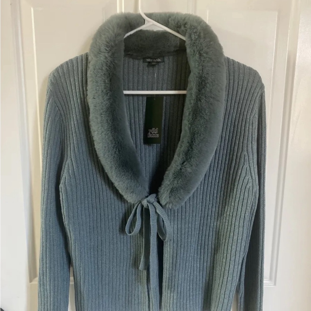 Wild Fable Women’s Faux Fur Tie front Cardigan, Slate Blue